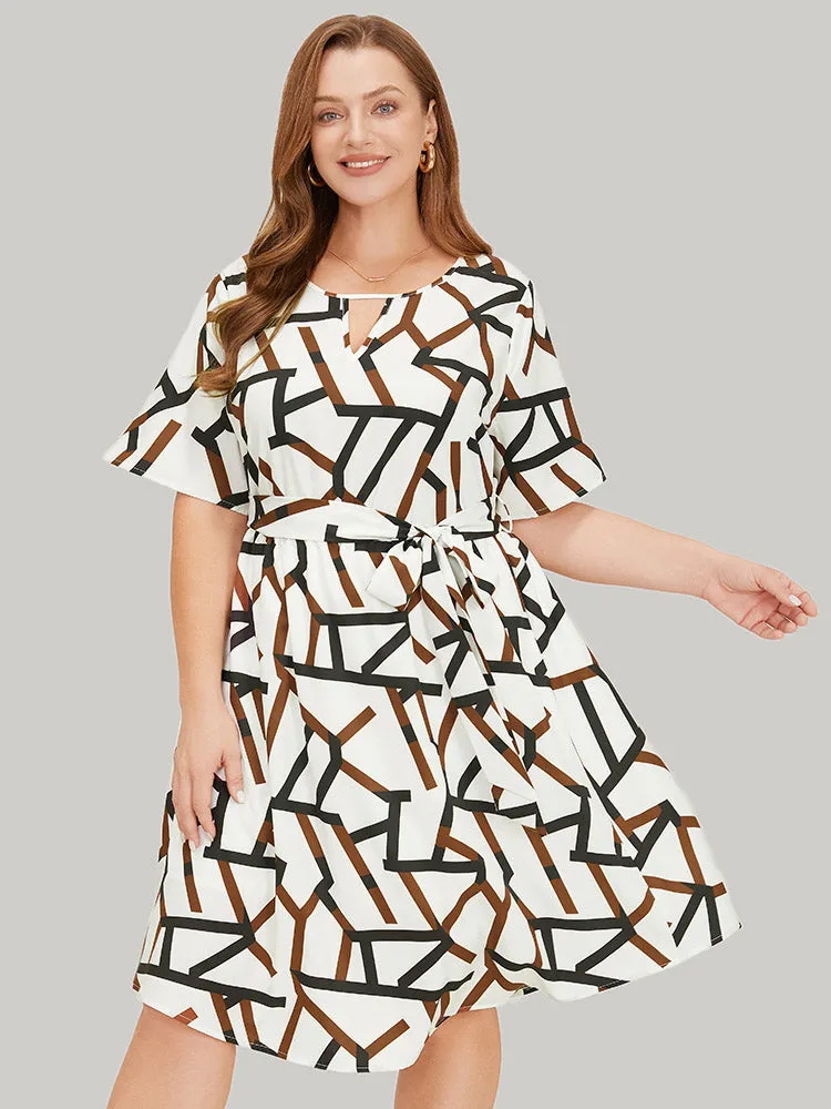 Geometric Print Pocket Ruffles Keyhole Neck Dress sold by Bloomchic product image thumbnail 4