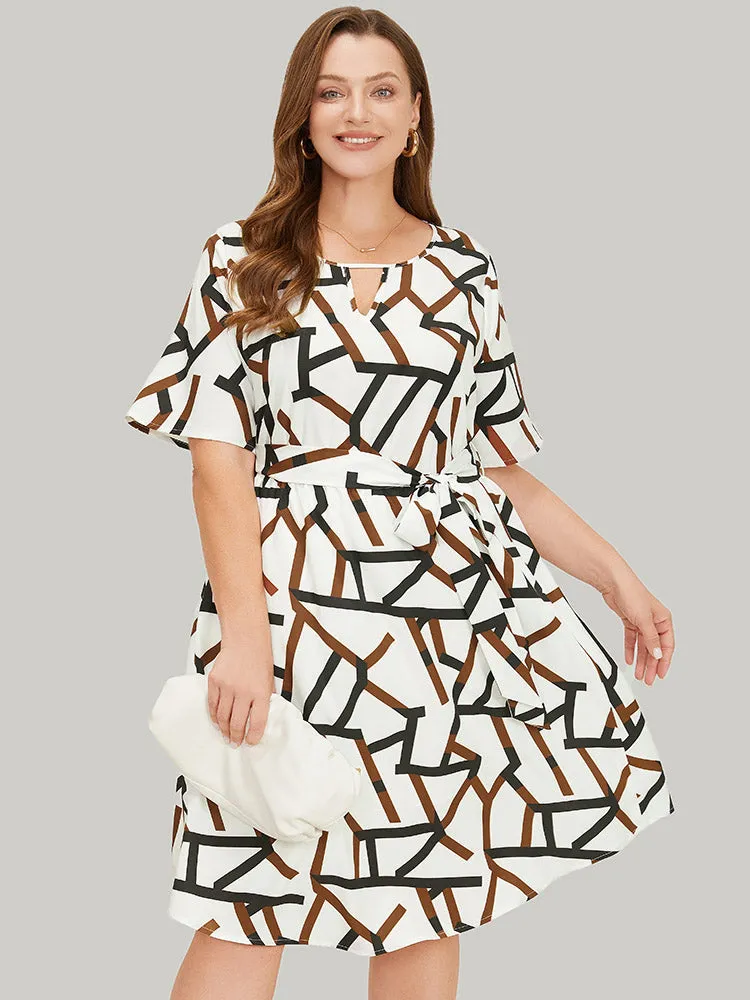 Geometric Print Pocket Ruffles Keyhole Neck Dress sold by Bloomchic