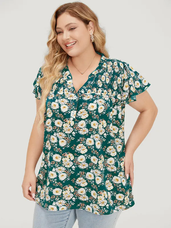 Floral Ruffle Sleeve Shirred Button Up Frill Trim Blouse sold by Bloomchic