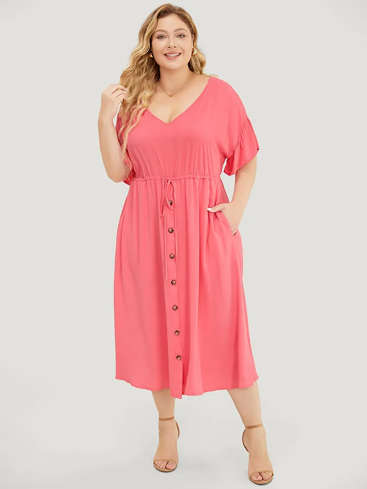 Solid Flutter Sleeve Button Detail Pocket Drawstring Dress sold by Bloomchic product image thumbnail 5