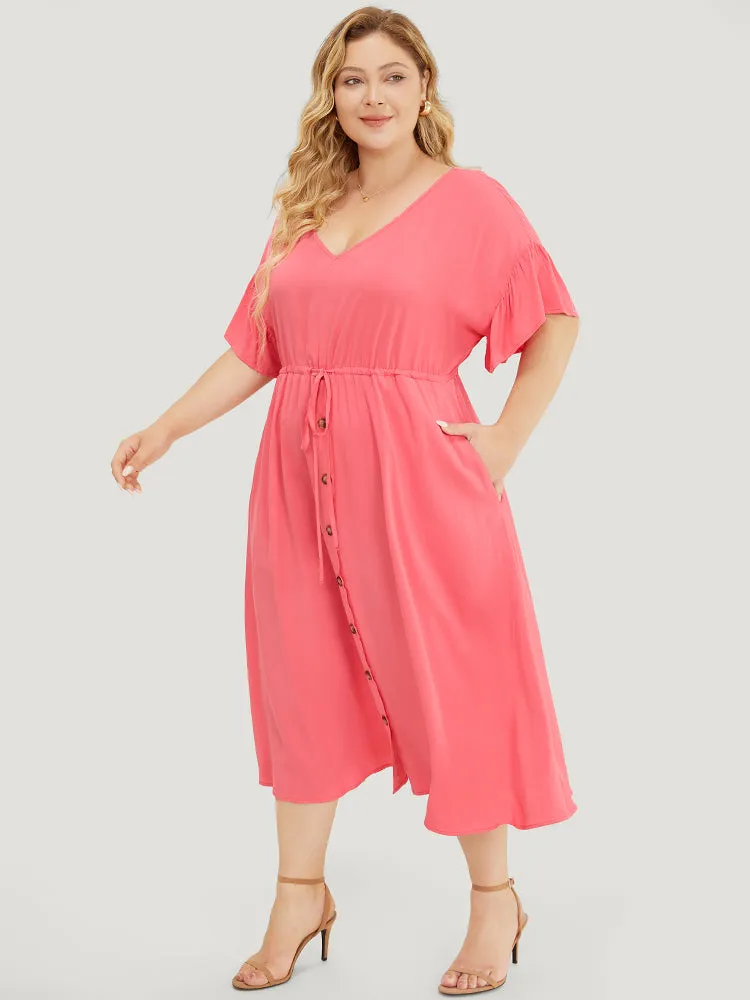 Solid Flutter Sleeve Button Detail Pocket Drawstring Dress sold by Bloomchic product image thumbnail 2