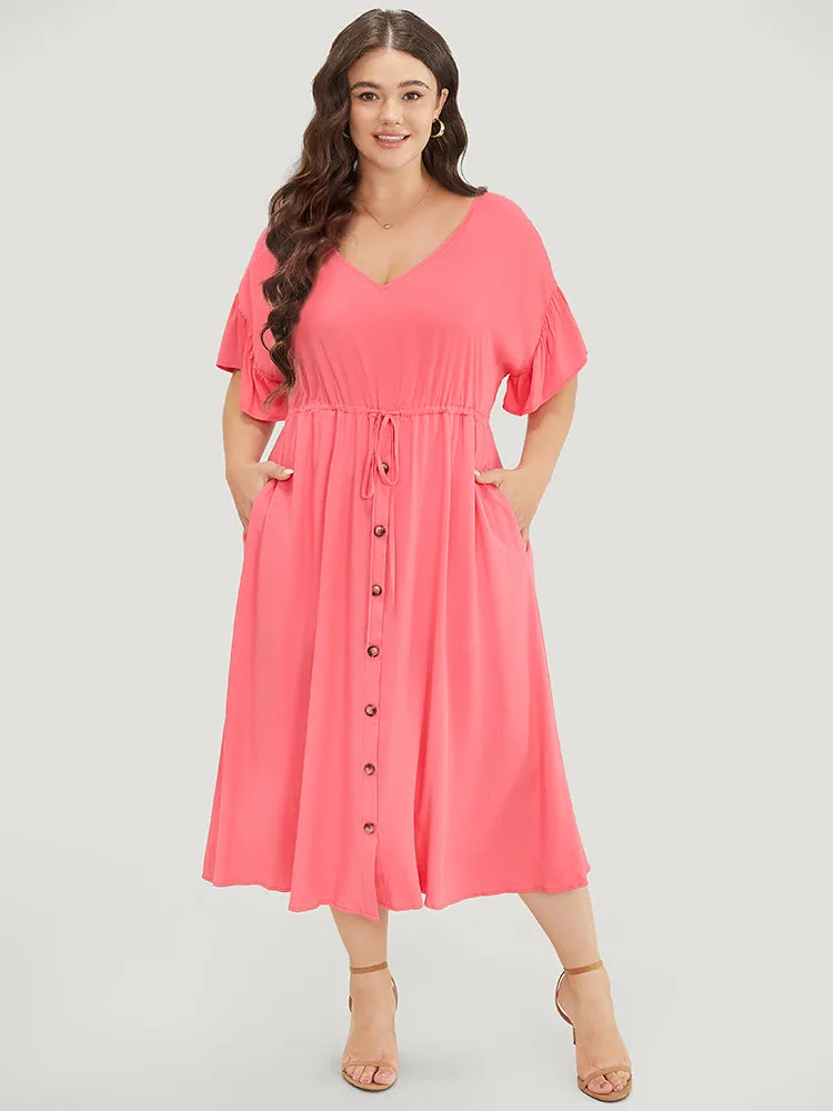 Solid Flutter Sleeve Button Detail Pocket Drawstring Dress sold by Bloomchic product image thumbnail 3