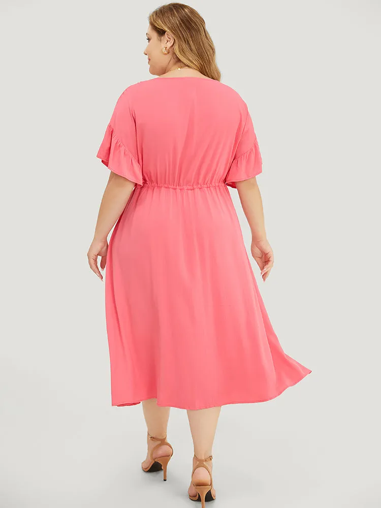 Solid Flutter Sleeve Button Detail Pocket Drawstring Dress sold by Bloomchic product image thumbnail 4