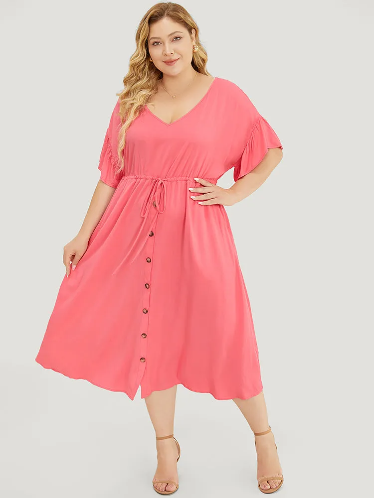 Solid Flutter Sleeve Button Detail Pocket Drawstring Dress sold by Bloomchic