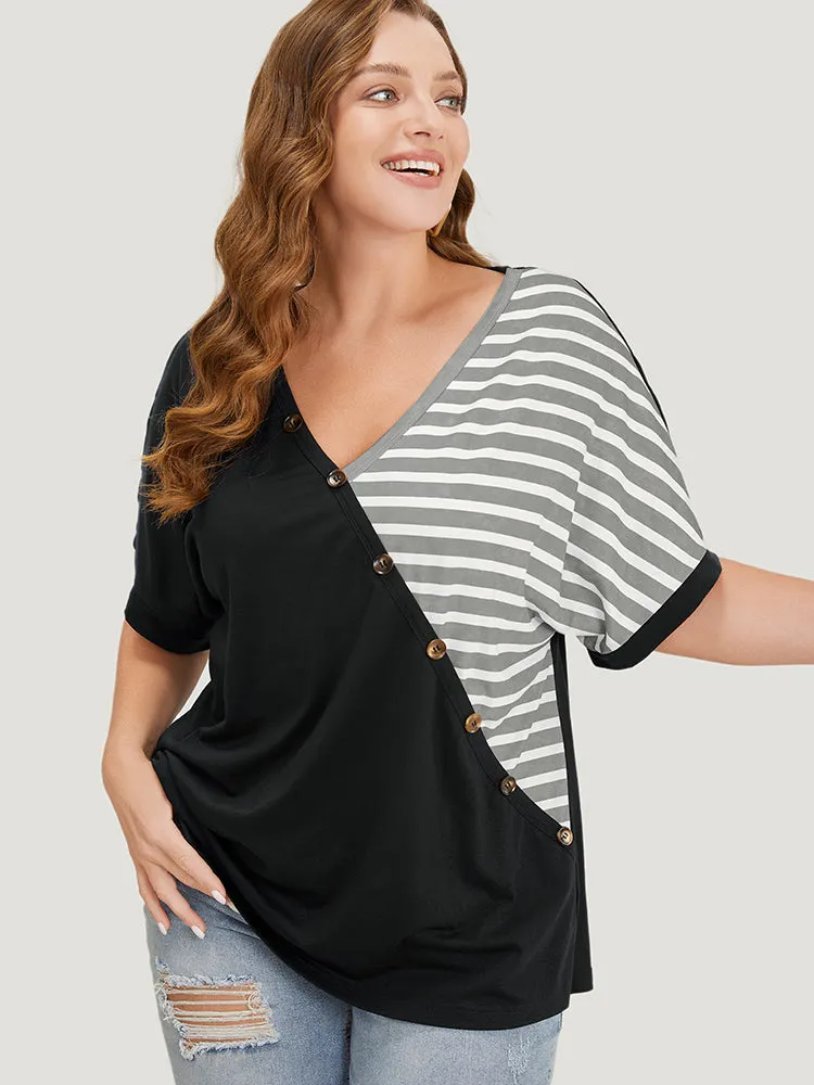 Striped Contrast Wrap Batwing Sleeve Patchwork T-shirt sold by Bloomchic