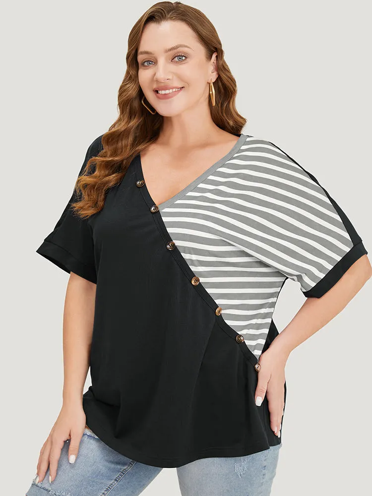 Striped Contrast Wrap Batwing Sleeve Patchwork T-shirt sold by Bloomchic product image thumbnail 2