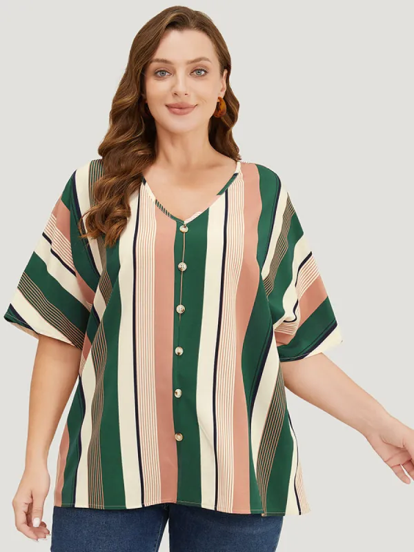 Striped Print Button Detail Batwing Sleeve Blouse sold by Bloomchic