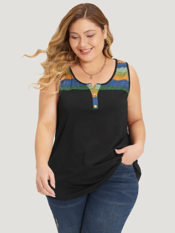 Rainbow Striped Notched Button Detail Arc Hem Tank Top sold by Bloomchic