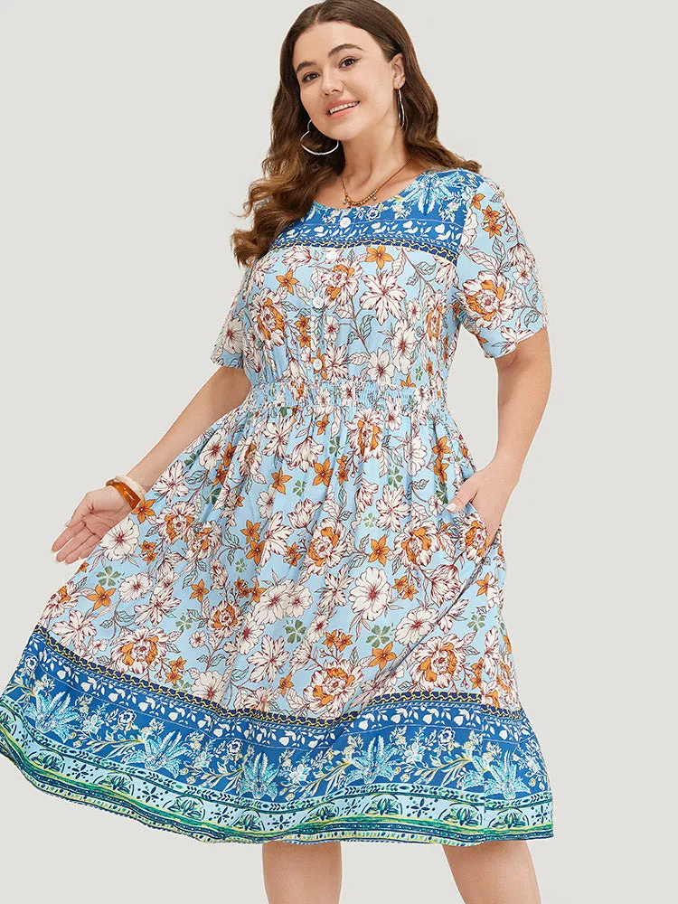 Bandana Shirred Ruffle Hem Pocket Button Detail Dress sold by Bloomchic