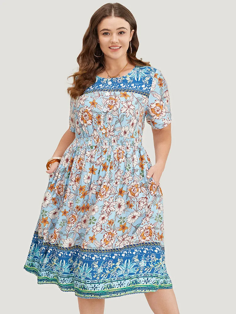 Bandana Shirred Ruffle Hem Pocket Button Detail Dress sold by Bloomchic product image thumbnail 2