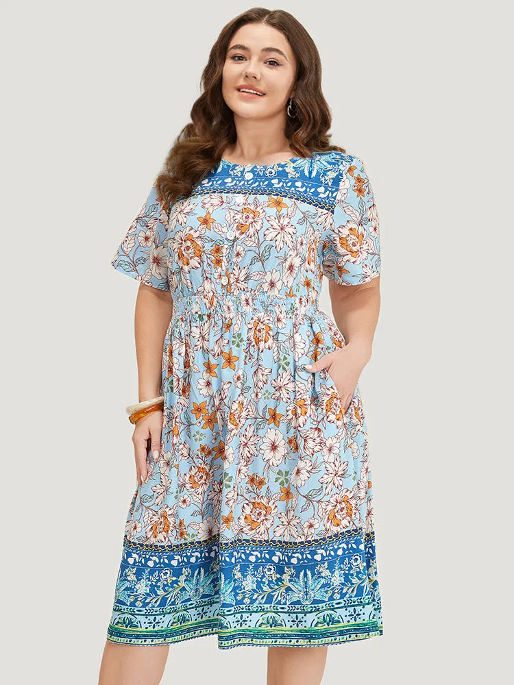 Bandana Shirred Ruffle Hem Pocket Button Detail Dress sold by Bloomchic product image thumbnail 3