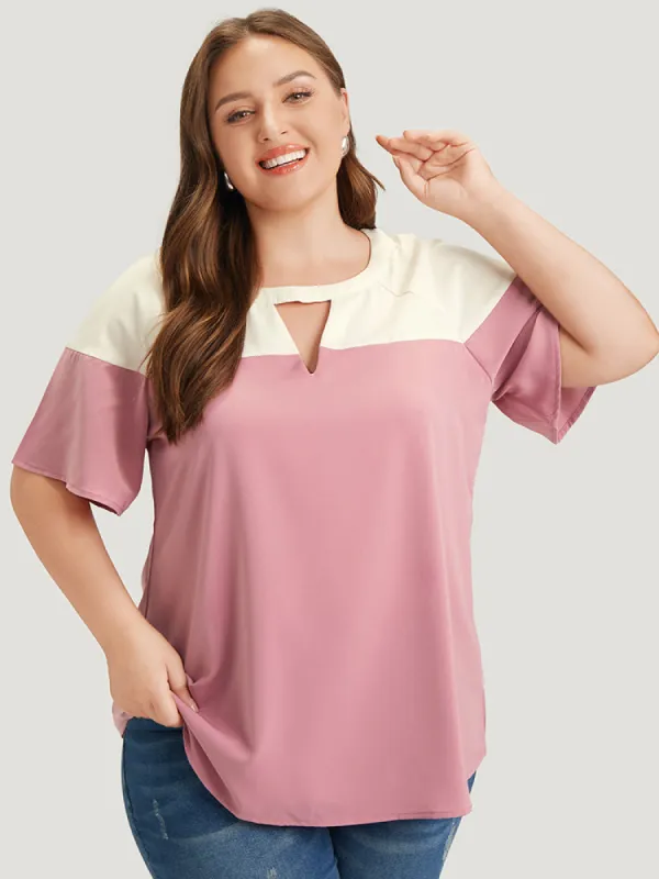 Anti-Wrinkle Two Tone Keyhole Raglan Sleeve Blouse sold by Bloomchic