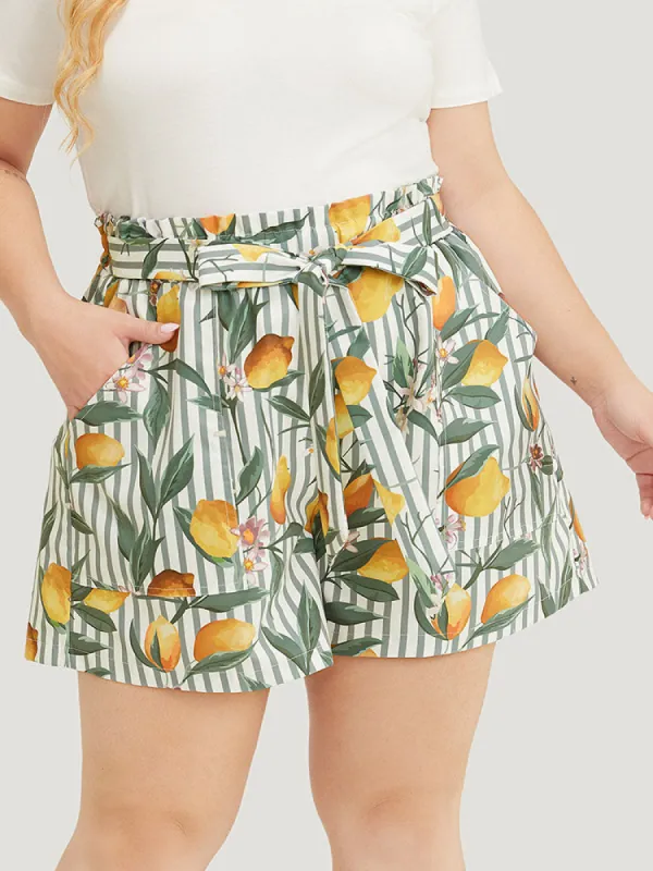 Lemon & Striped Print Paperbag Waist Pocket Knot Front Shorts sold by Bloomchic