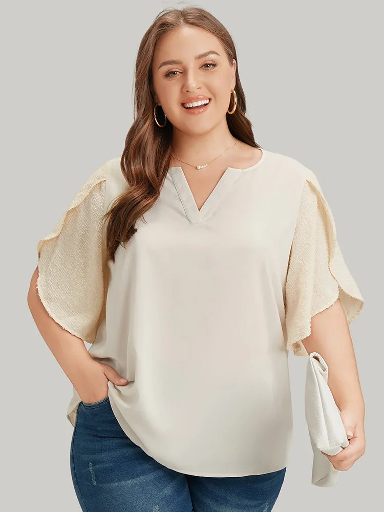 Anti-Wrinkle Solid Patchwork Petal Sleeve Notched Blouse sold by Bloomchic