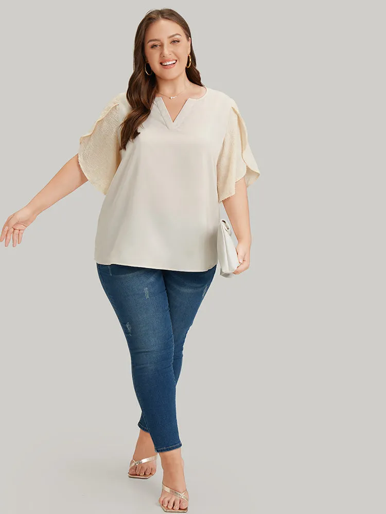 Anti-Wrinkle Solid Patchwork Petal Sleeve Notched Blouse sold by Bloomchic product image thumbnail 5