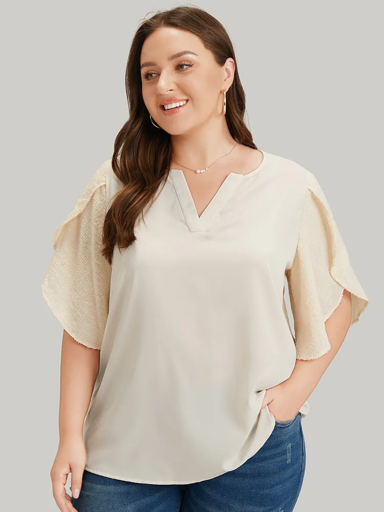 Anti-Wrinkle Solid Patchwork Petal Sleeve Notched Blouse sold by Bloomchic product image thumbnail 2