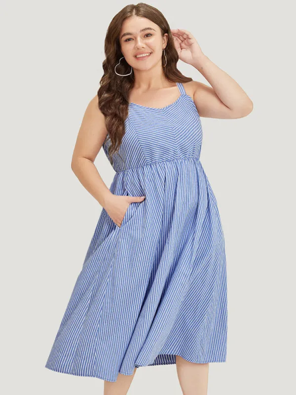 Striped Print Ruffle Hem Pocket Spaghetti Strap Dress sold by Bloomchic