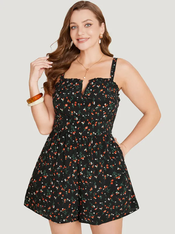 Ditsy Floral Pocket Notched Lettuce Trim Cami Romper sold by Bloomchic