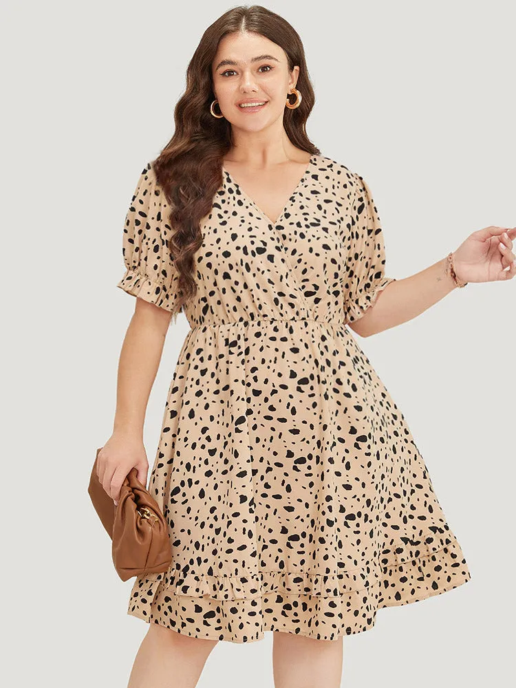 Leopard Print Puff Sleeve Pocket Wrap Ruffle Trim Dress sold by Bloomchic