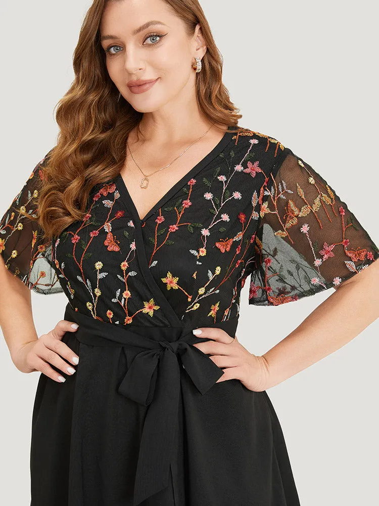 Floral & Butterfly Embroidered Mesh Pocket Belt Wrap Dress sold by Bloomchic product image thumbnail 3