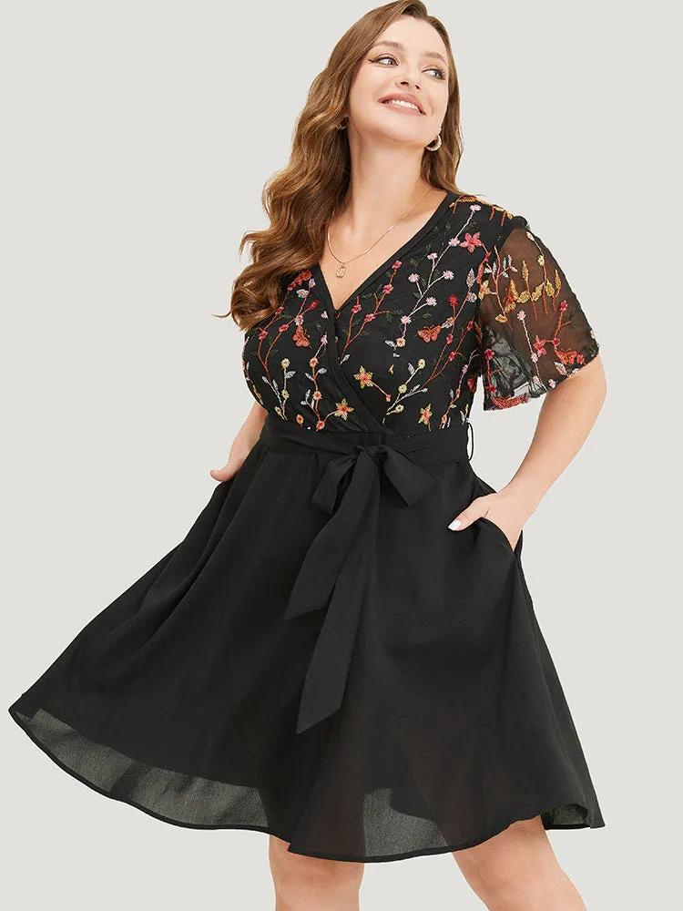 Floral & Butterfly Embroidered Mesh Pocket Belt Wrap Dress sold by Bloomchic product image thumbnail 4