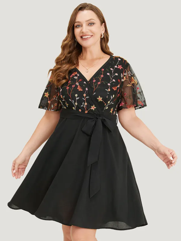 Floral & Butterfly Embroidered Mesh Pocket Belt Wrap Dress sold by Bloomchic