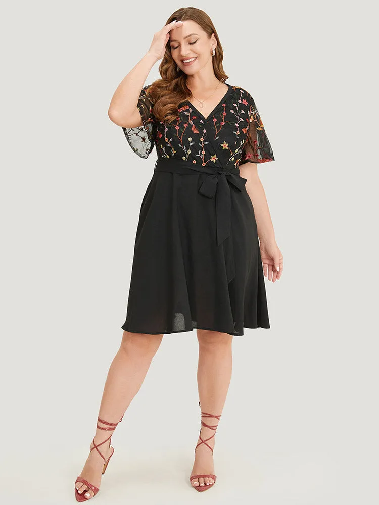Floral & Butterfly Embroidered Mesh Pocket Belt Wrap Dress sold by Bloomchic product image thumbnail 5