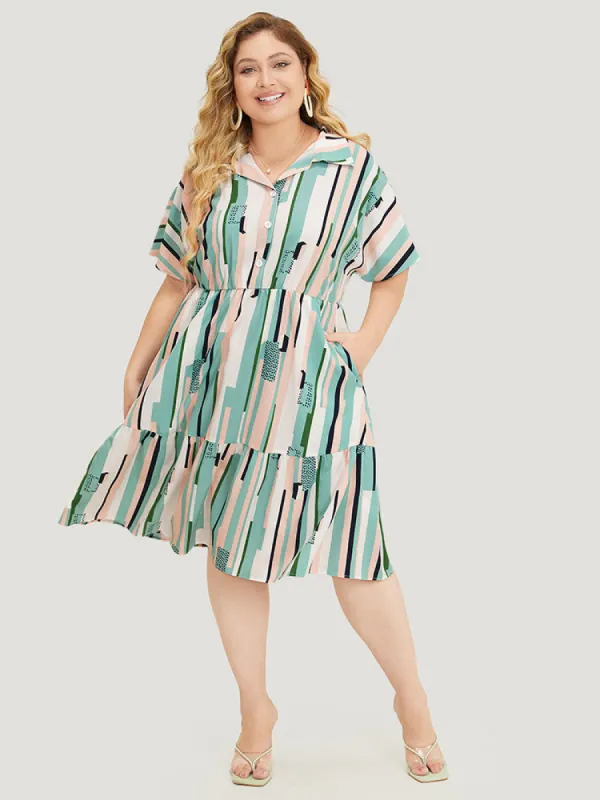 Geometric Print Button Detail Pocket Flutter Tiered Dress sold by Bloomchic
