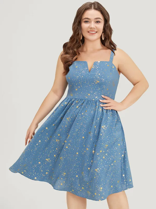 Star Print Pocket Notched Flutter Hem Glitter Cami Dress sold by Bloomchic