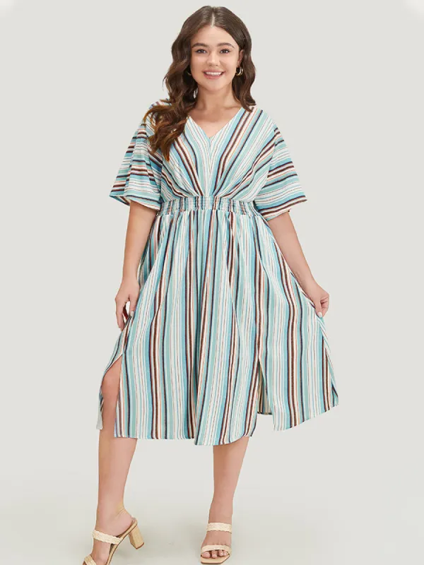Striped Contrast Shirred Split Hem Batwing Sleeve Pocket Dress sold by Bloomchic