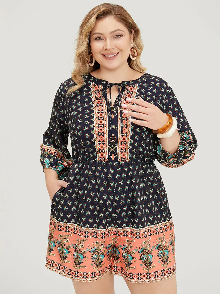 Bandana Print Pocket Keyhole Tie Neck Puff Sleeve Romper sold by Bloomchic product image thumbnail 3