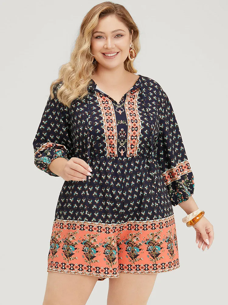 Bandana Print Pocket Keyhole Tie Neck Puff Sleeve Romper sold by Bloomchic product image thumbnail 4