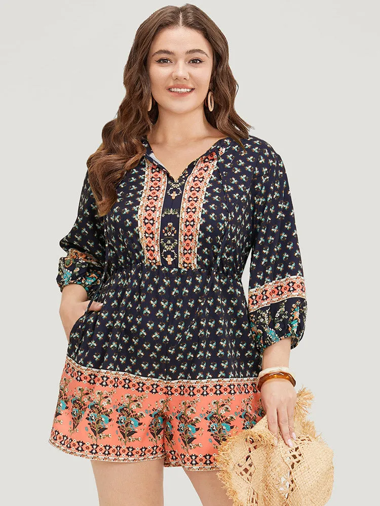 Bandana Print Pocket Keyhole Tie Neck Puff Sleeve Romper sold by Bloomchic