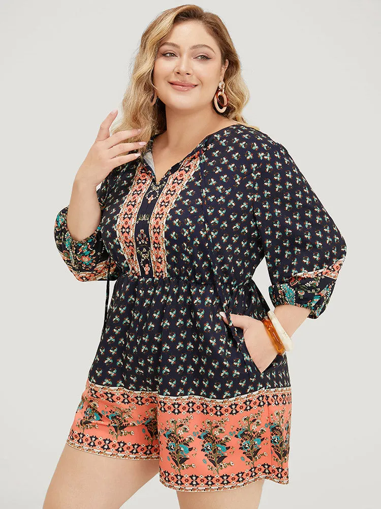 Bandana Print Pocket Keyhole Tie Neck Puff Sleeve Romper sold by Bloomchic product image thumbnail 5