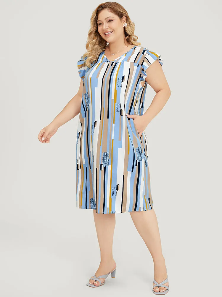 Geometric Print V Neck Pocket Flutter Cap Sleeve Midi Dress sold by Bloomchic product image thumbnail 4