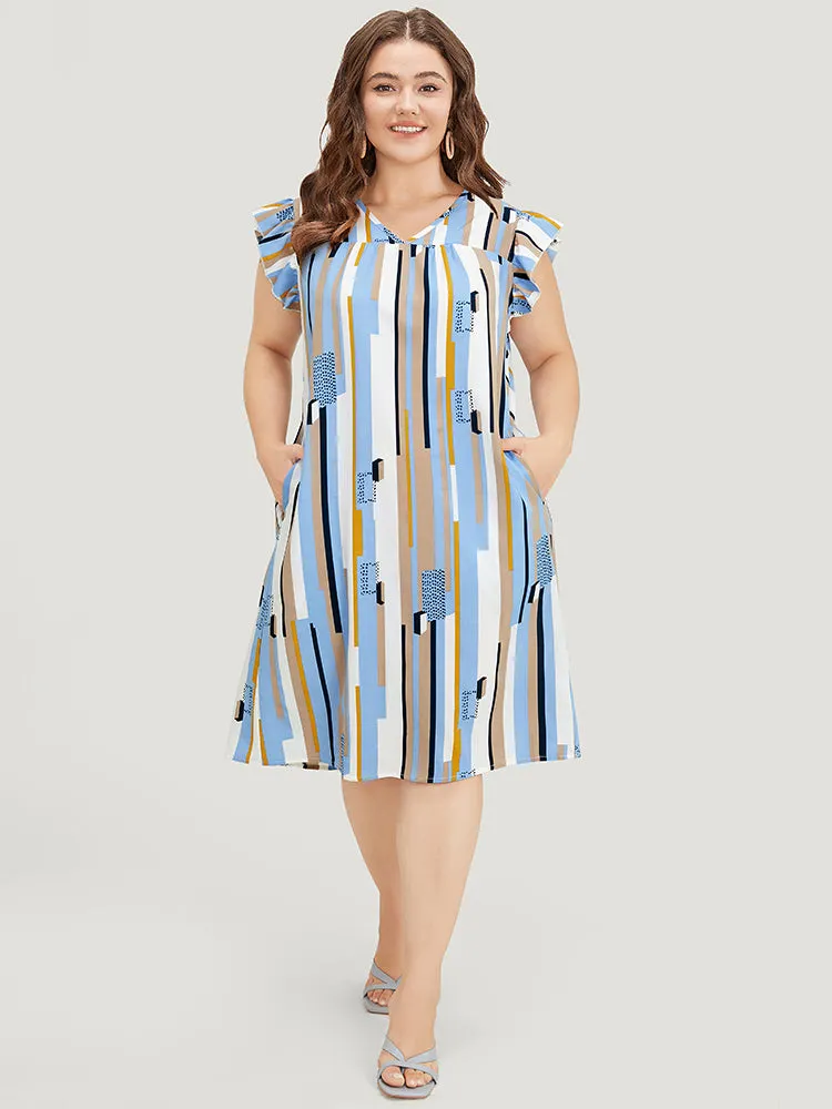 Geometric Print V Neck Pocket Flutter Cap Sleeve Midi Dress sold by Bloomchic