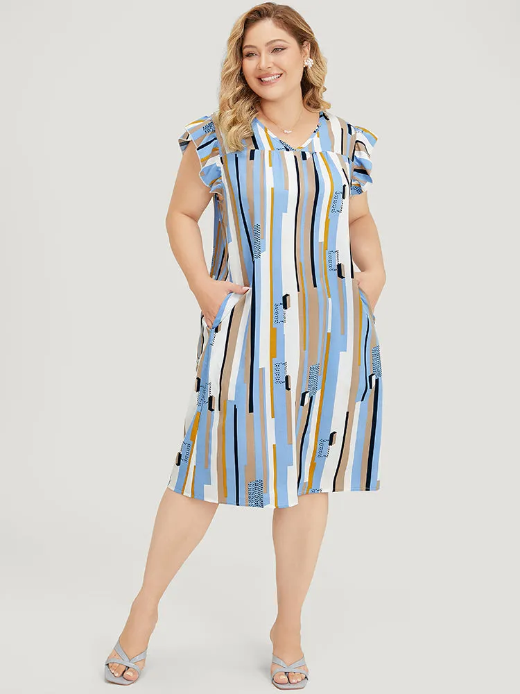 Geometric Print V Neck Pocket Flutter Cap Sleeve Midi Dress sold by Bloomchic product image thumbnail 3