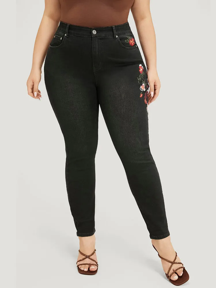 Very Stretchy High Rise Black Wash Floral Embroidered Jeans sold by Bloomchic product image thumbnail 3