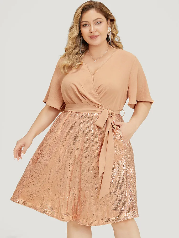 Sequin Patchwork Pocket Belted Surplice Neck Ruffle Dress sold by Bloomchic product image thumbnail 2