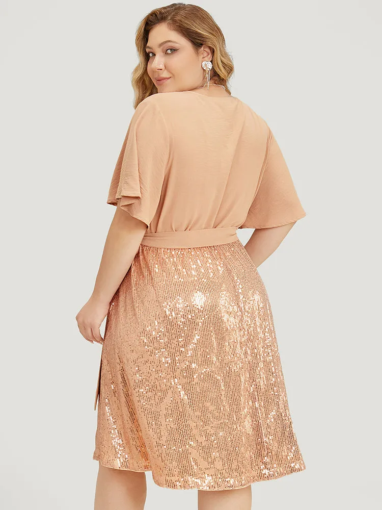 Sequin Patchwork Pocket Belted Surplice Neck Ruffle Dress sold by Bloomchic product image thumbnail 4