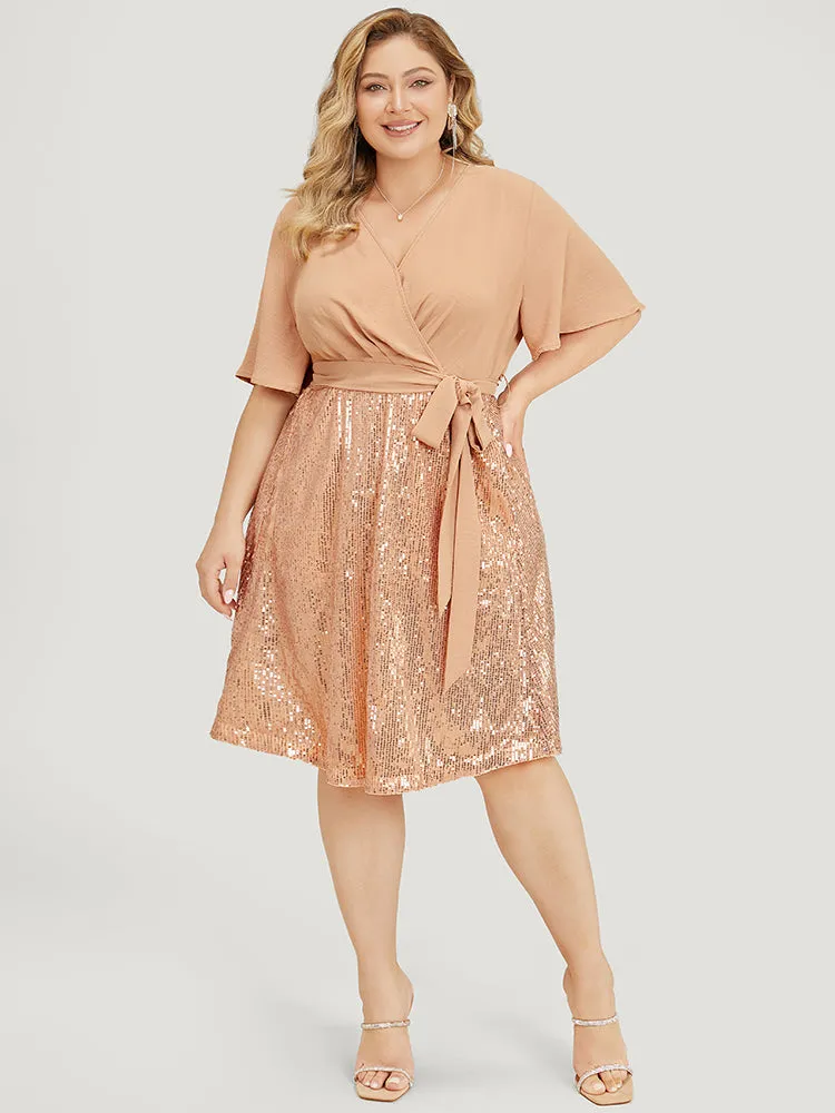 Sequin Patchwork Pocket Belted Surplice Neck Ruffle Dress sold by Bloomchic product image thumbnail 5
