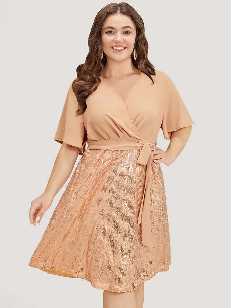 Sequin Patchwork Pocket Belted Surplice Neck Ruffle Dress sold by Bloomchic product image thumbnail 3