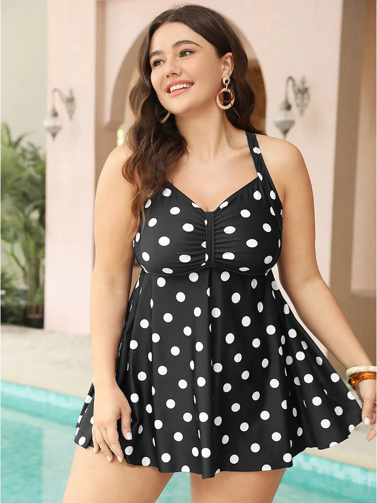 Polka Dot Ruched Detail Crossover Back Tankini Top sold by Bloomchic