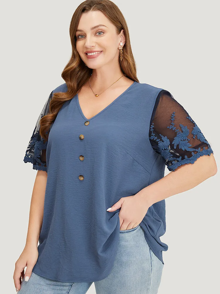 Plain Lace Mesh Sleeve Button Detail Blouse sold by Bloomchic