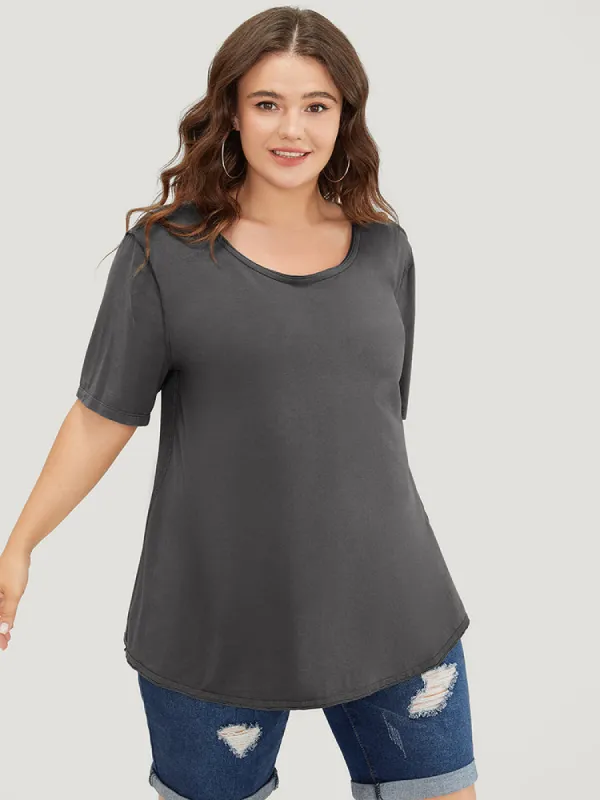 Plain Patched Detail Drop Shoulder T-shirt sold by Bloomchic