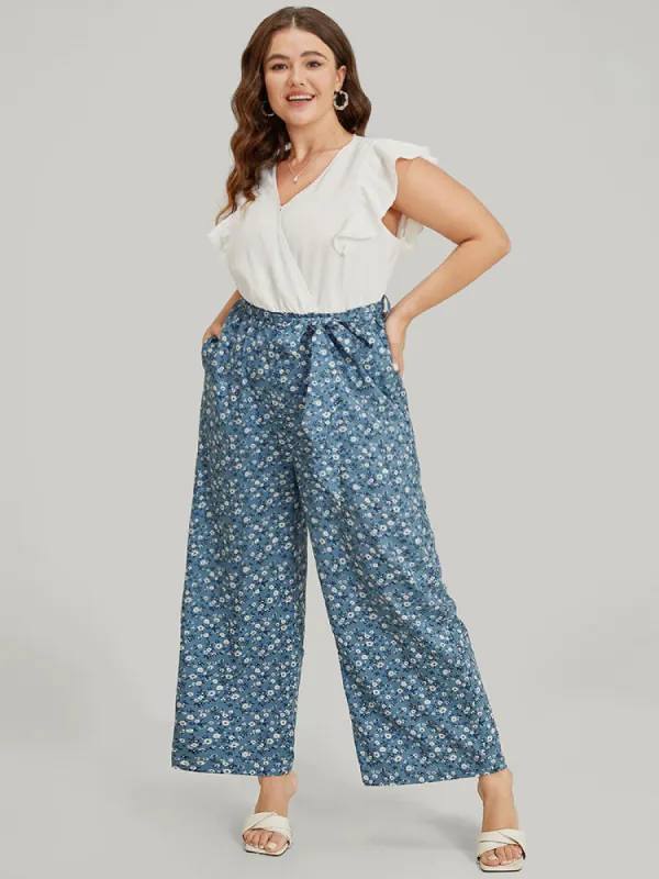 Ditsy Floral Patchwork Wrap Belted Pocket Ruffle Trim Jumpsuit sold by Bloomchic