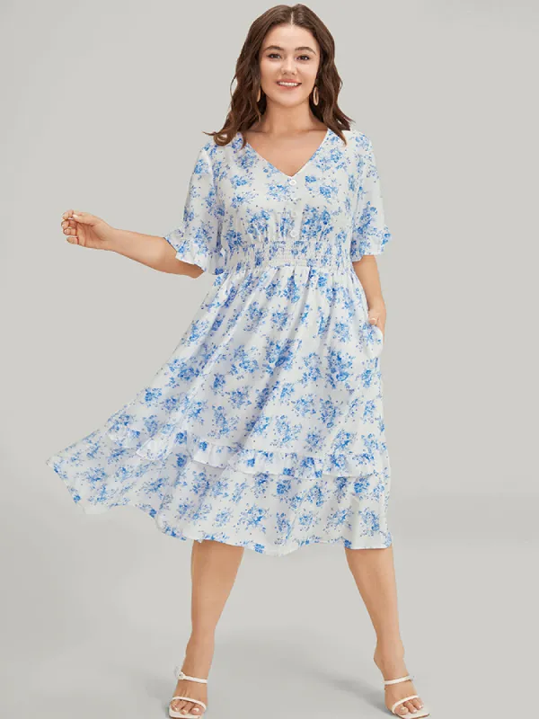 Floral Ruffle Trim Button Detail Pocket Shirred Waist Dress sold by Bloomchic