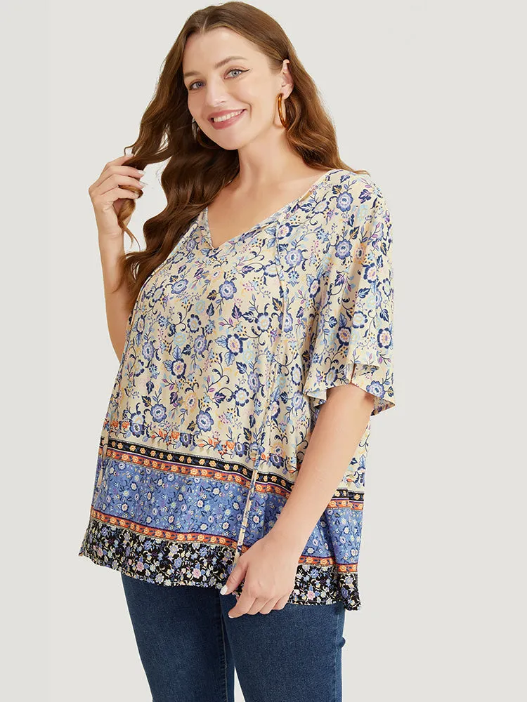 Bandana Printed Ties Front Ruffle Sleeve Blouse sold by Bloomchic