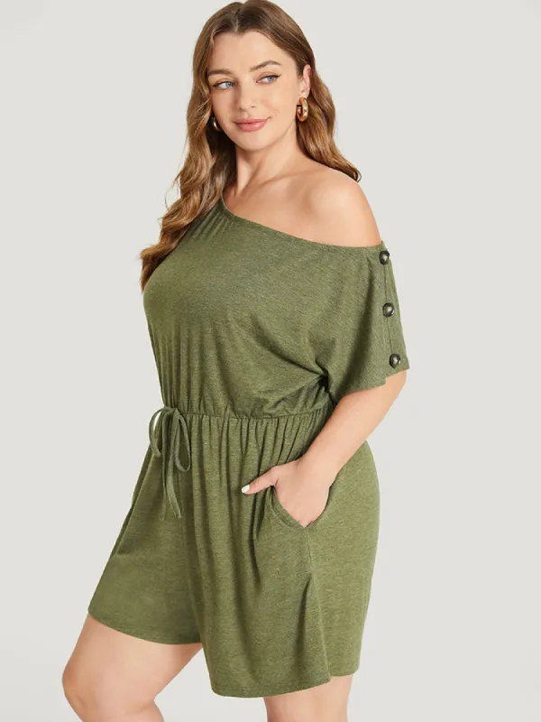 Solid Button Detail Pocket Knot Front One Shoulder Romper sold by Bloomchic