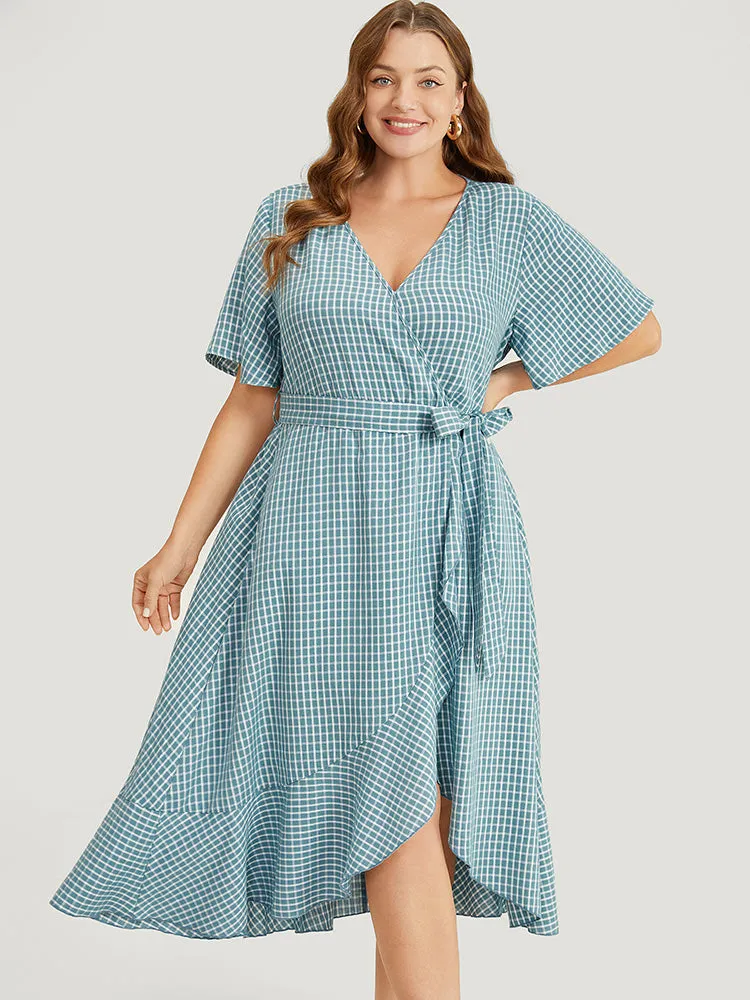 Gingham Pocket Belted Ruffle Trim Surplice Neck Dress sold by Bloomchic product image thumbnail 4